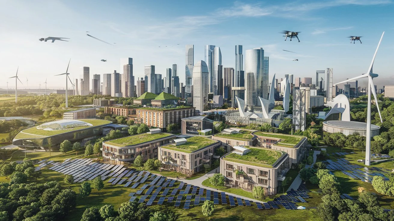 A futuristic sustainable city with green infrastructure, renewable energy sources, electric vehicles, and smart technology