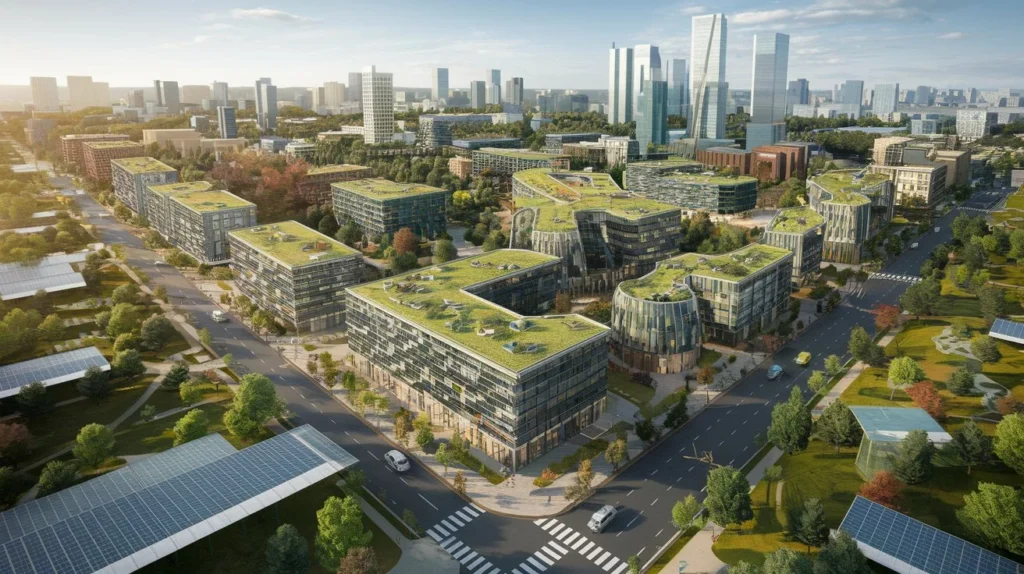 A futuristic sustainable city with green infrastructure, renewable energy sources, electric vehicles, and smart technology