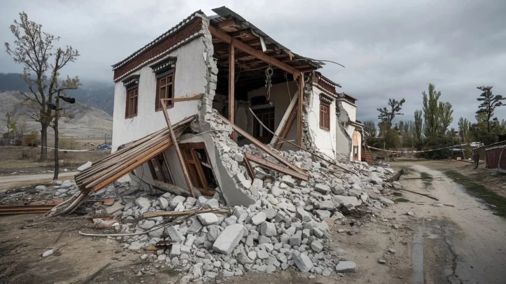 A conceptual illustration depicting AI algorithms analyzing seismic data with visual elements of earthquake waves, satellite imagery, and futuristic technology overlays against a mountainous Tibetan landscape, symbolizing disaster prediction and sustainability efforts