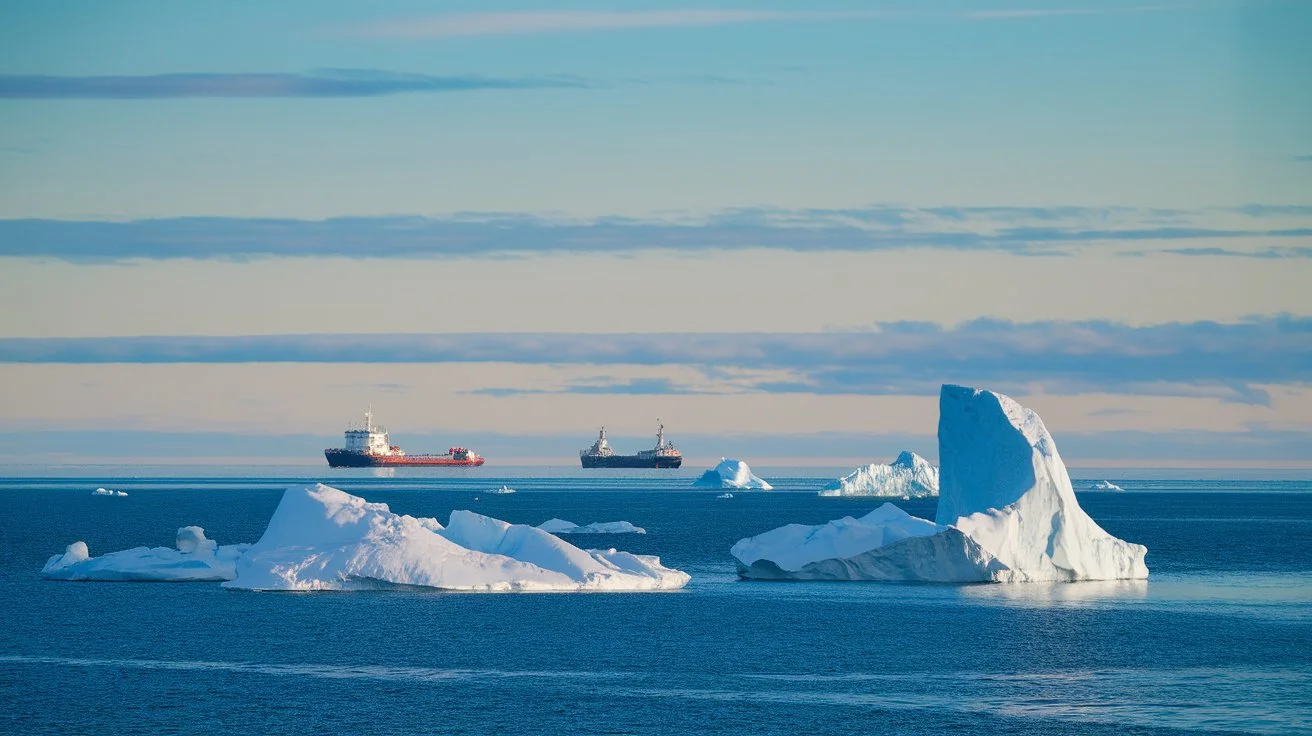 An icy Arctic landscape with melting glaciers and exposed waters, symbolizing the effects of climate change