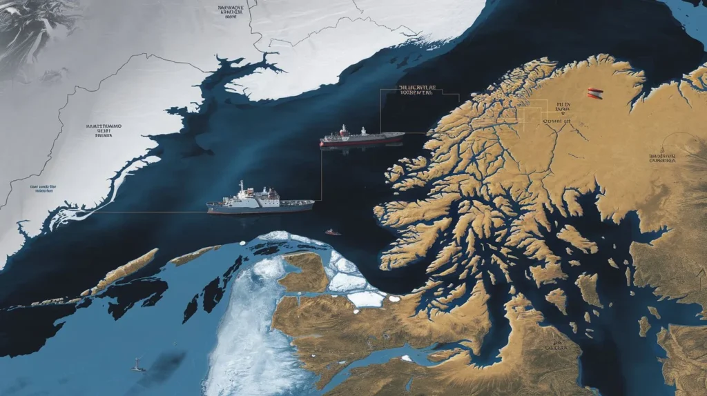 This image depicts the Arctic’s fragile and rapidly changing environment due to climate change, with melting glaciers and retreating ice caps.