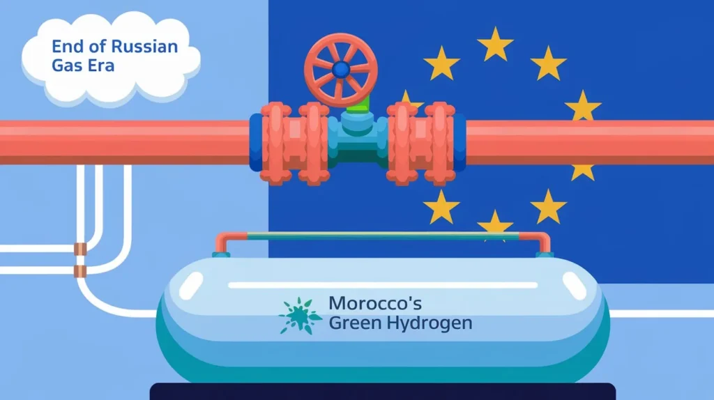 An illustrated map showing the end of Russian gas supply to Europe with Ukraine halting gas transit. In the background, renewable energy sources like Morocco’s green hydrogen are depicted as key players in securing Europe’s sustainable energy future